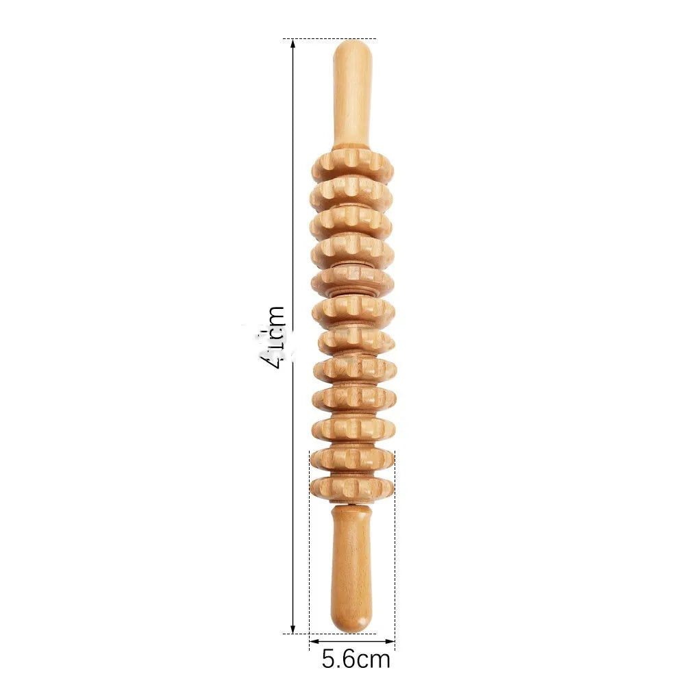 Natural beech wood massage roller set with multiple wheel designs for lymphatic drainage and skin texture improvement