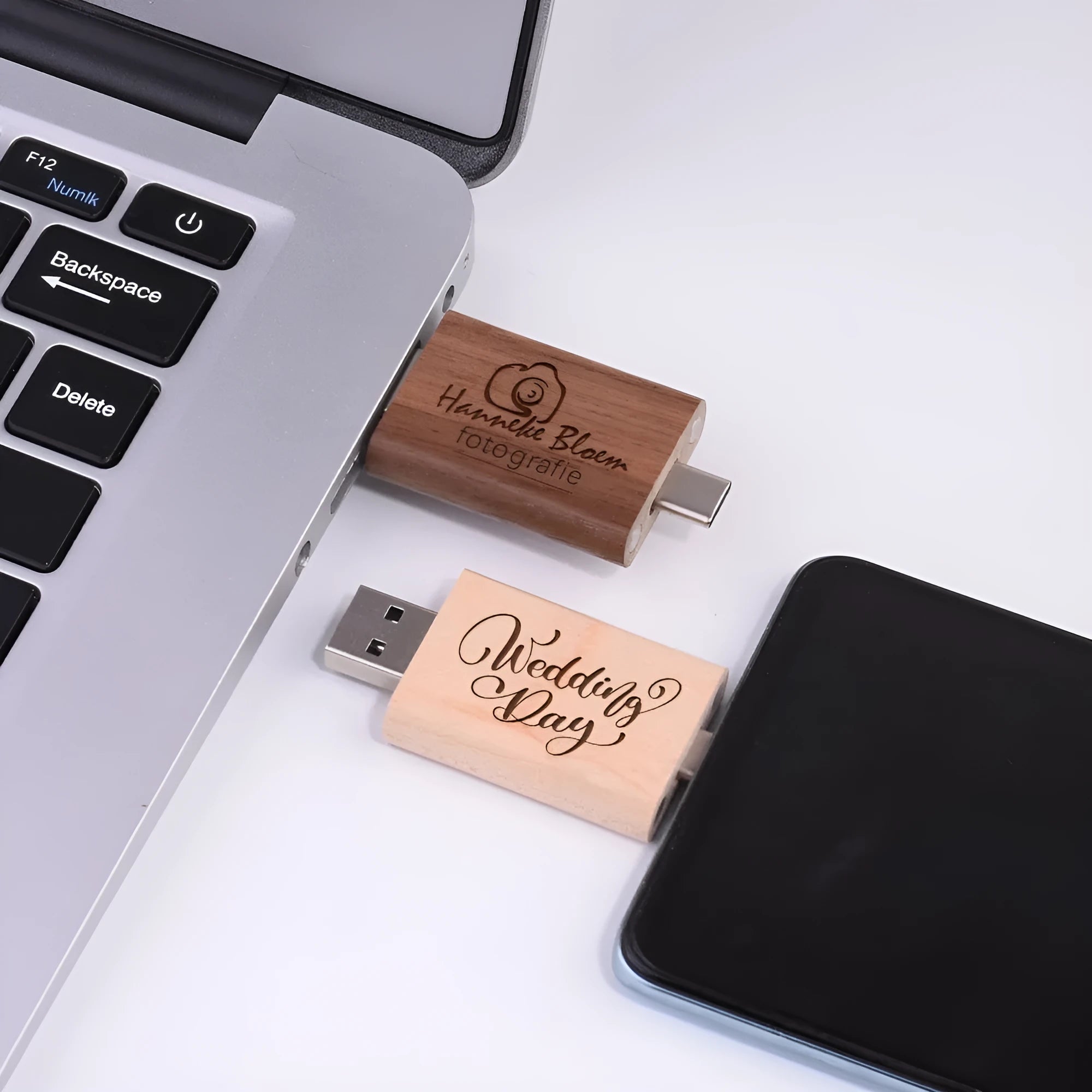 Carved wooden USB flash drive with phone ornament in various wood finishes