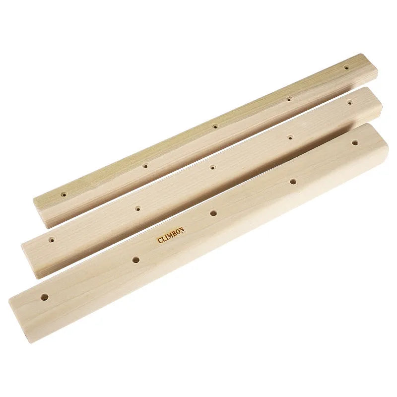 Three solid wooden fingerboards of different lengths for grip and climbing strength training.