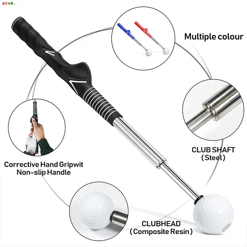 Telescopic stainless steel golf swing simulator trainer in black, blue, or red colour.