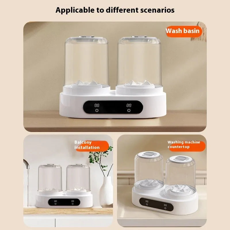 White USB-powered mini portable washing machine with two wash buckets for underwear and socks.