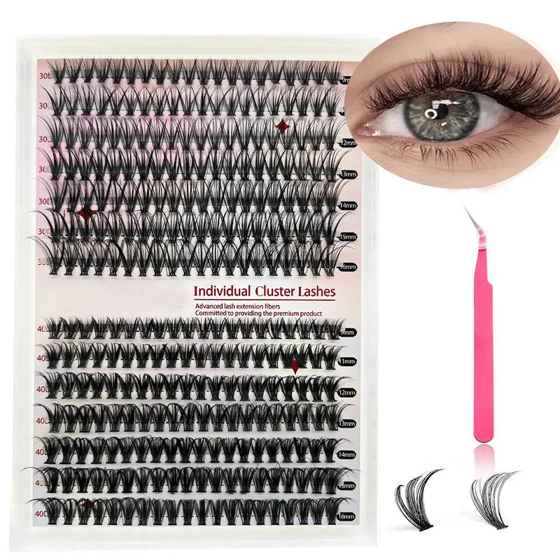 DIY mixed package of cluster false eyelashes showing 30D and 40D high-grade fibre lashes from 9mm to 16mm with tweezers.