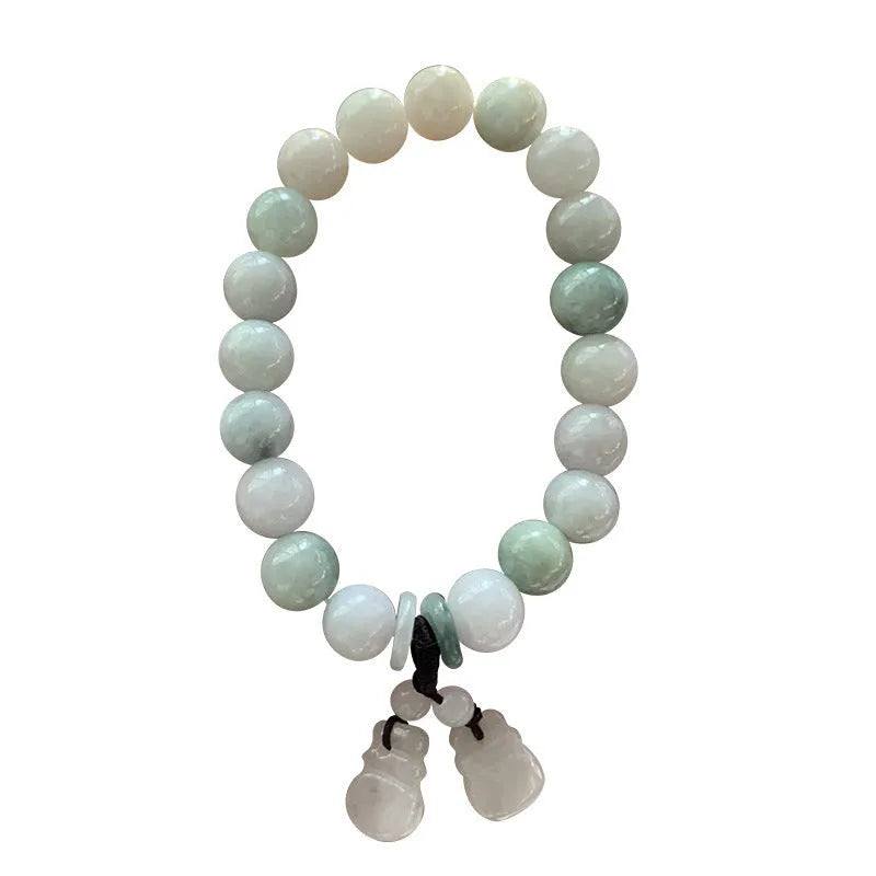 Natural green jade bracelet with geometric links and a carved Maitreya Buddha pendant.