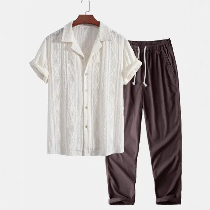Men's slim fit camouflage print short sleeve shirt and trousers casual suit set