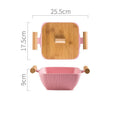 Porcelain ceramic bowl with lid in irregular shape design, shown in available colour options.