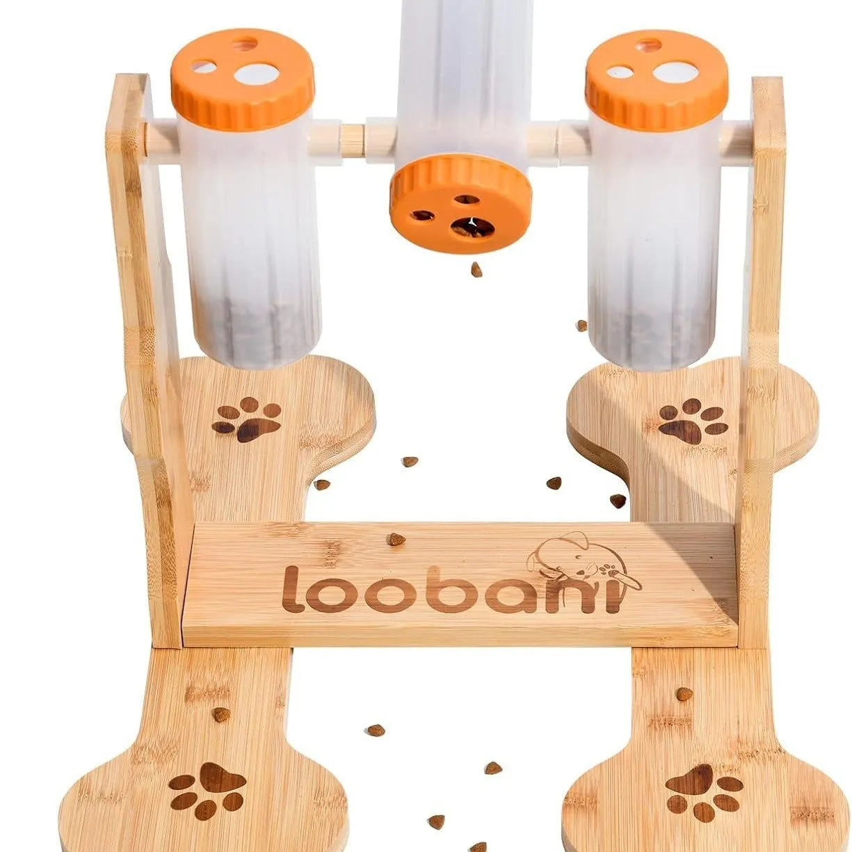 Wooden dog puzzle toy snack dispenser feeder with treat compartments.