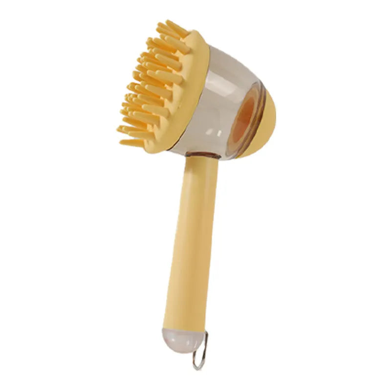 Three 3-in-1 pet bath brushes in beige, blue, and green with shampoo dispensing handles and silicone bristles on white background