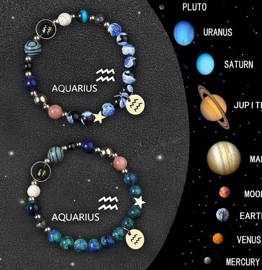 Two natural stone beaded bracelets showing Chinese zodiac animal signs including dragon and rabbit symbols