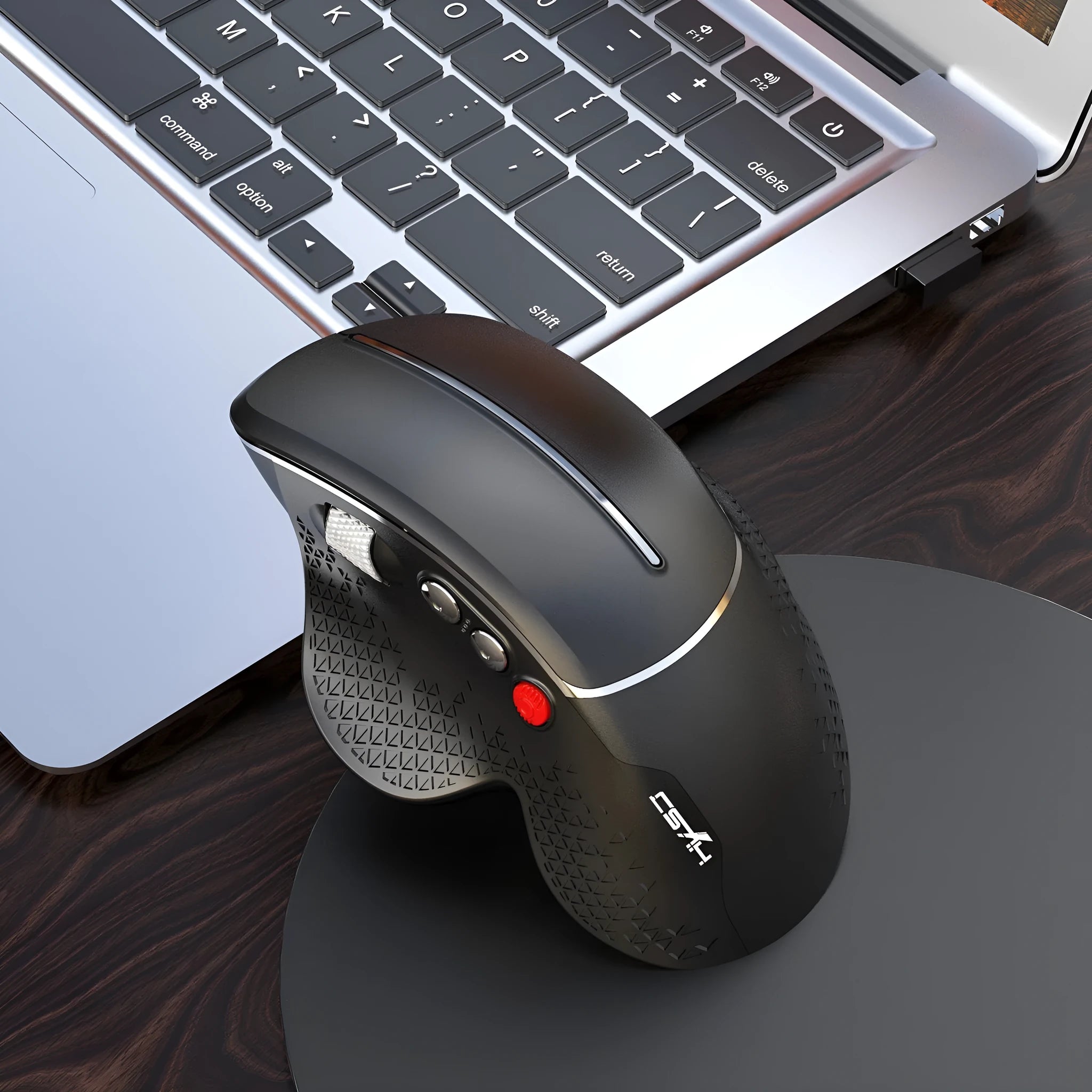 Black T32 wireless vertical ergonomic mouse with aluminium side roller on a desk