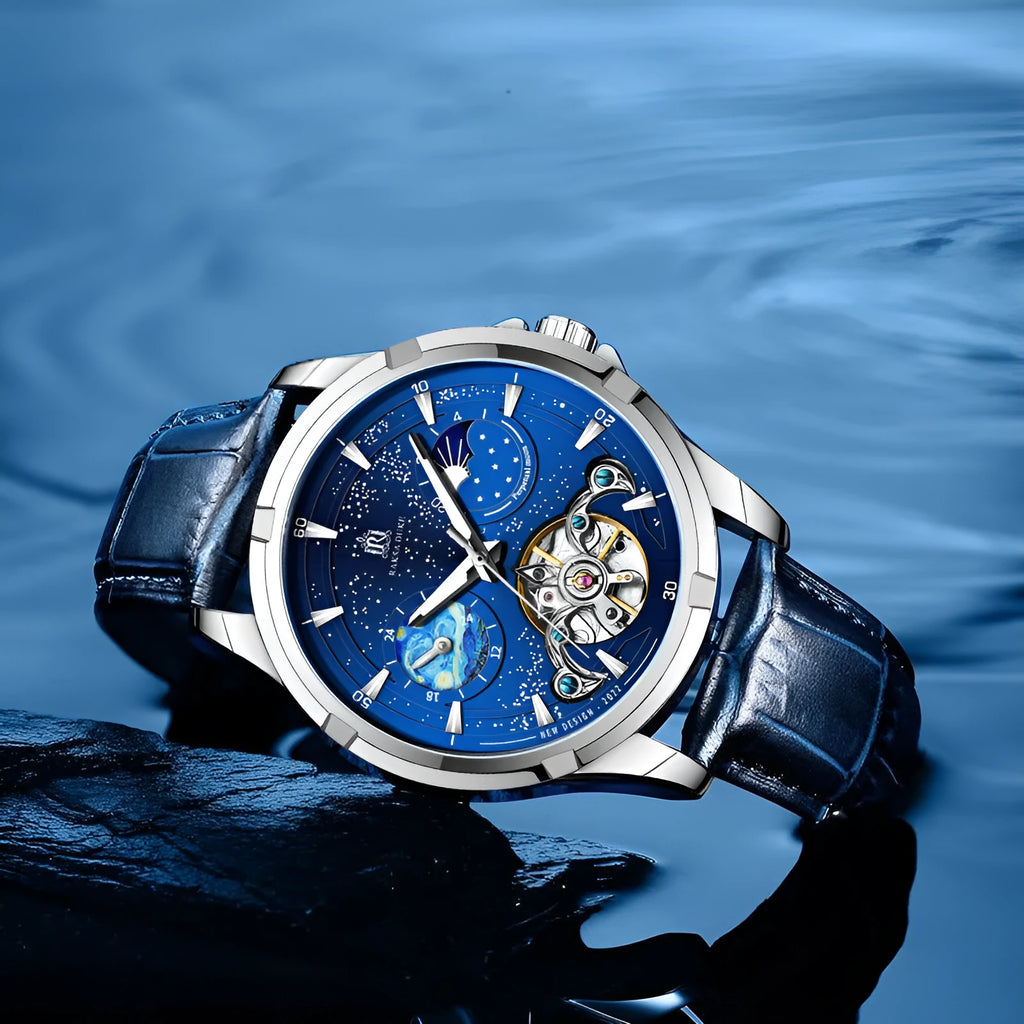 Men's blue dial automatic mechanical watch with stainless steel bracelet showing side profile with 14mm thickness