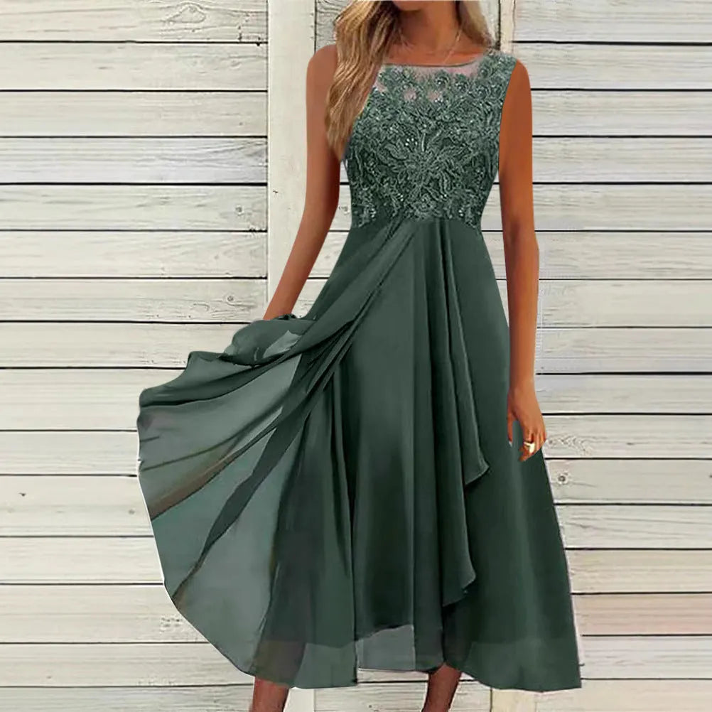 Women's sleeveless chiffon dress with hollow-out lace stitching in green colour