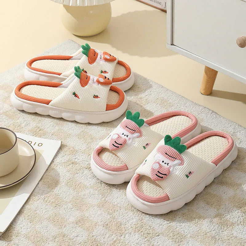 Cute carrot rabbit linen slippers with non-slip thick bottom in orange