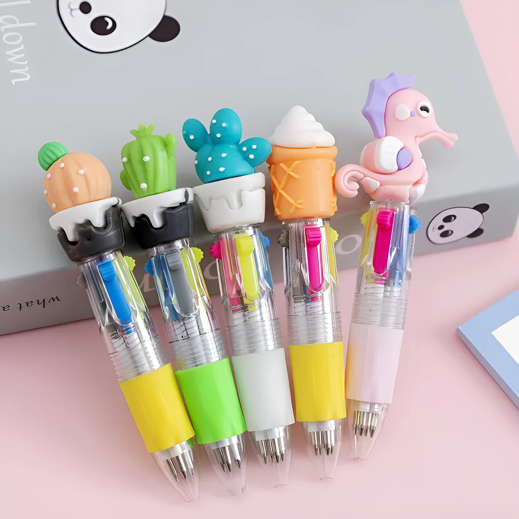 Cartoon print press ballpoint pen showing four-colour design options including cactus, fast food, and heart wings.