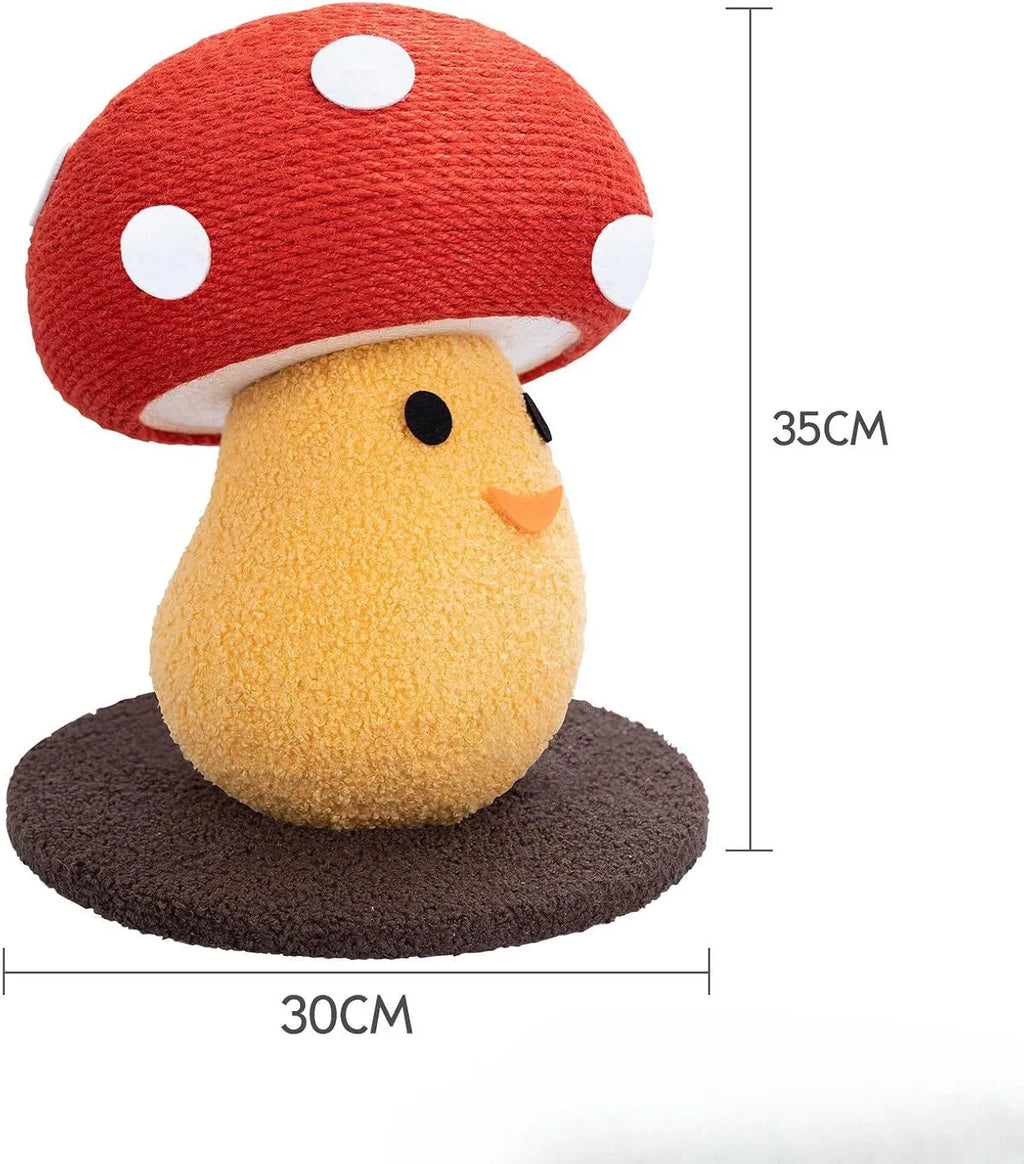 Foldable mushroom-shaped cardboard cat scratch board on a carpet next to a sofa.