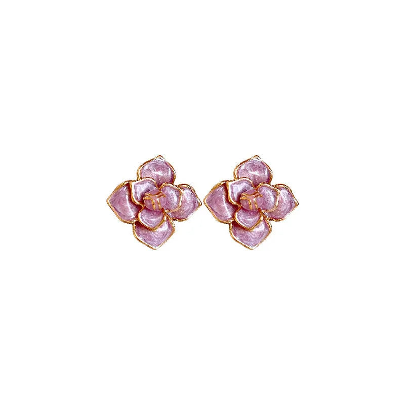 Gold plated purple oil-spot glaze floral stud earrings with copper base and fresh design