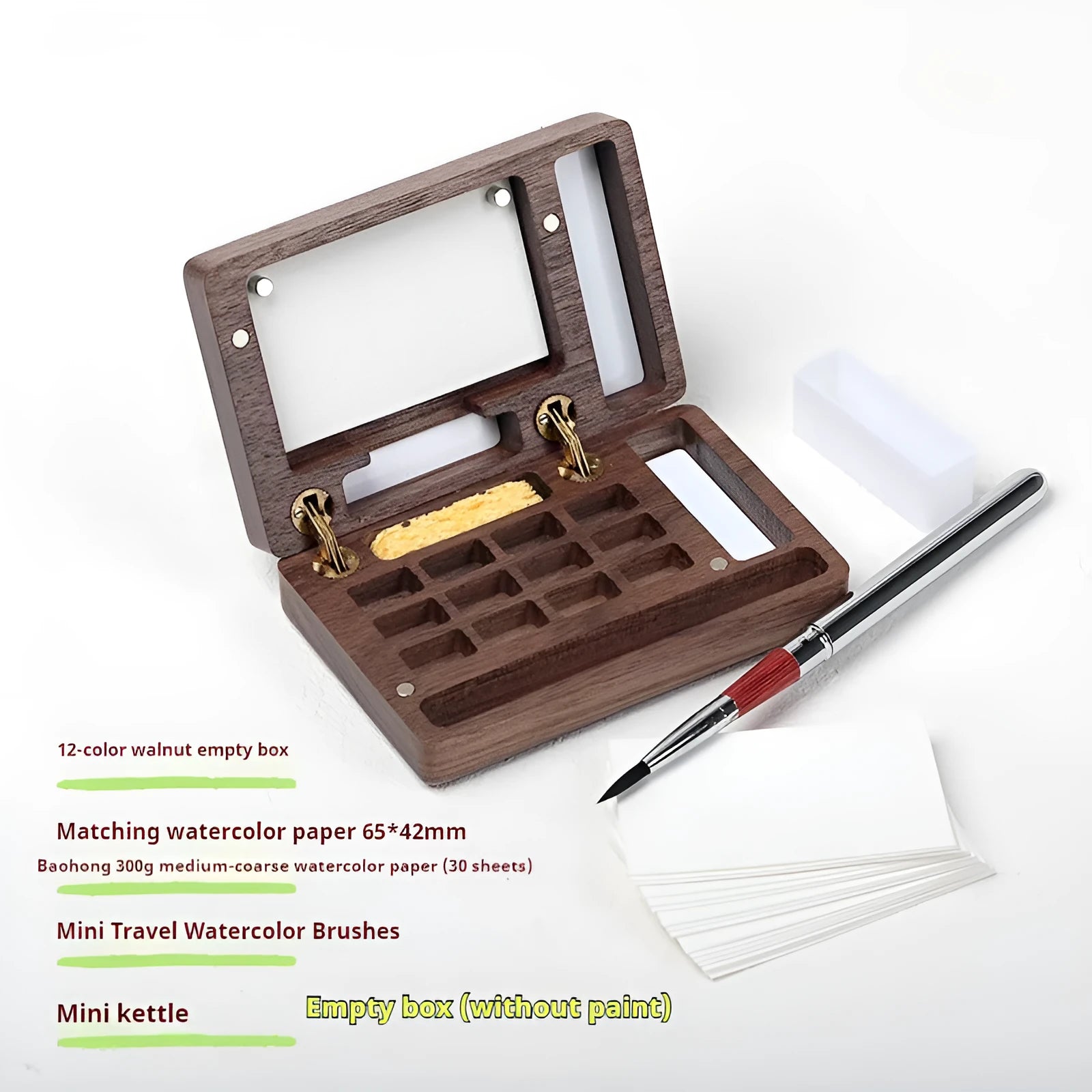 Miniature walnut wood watercolour paint box open to show pigment pans and wooden palette