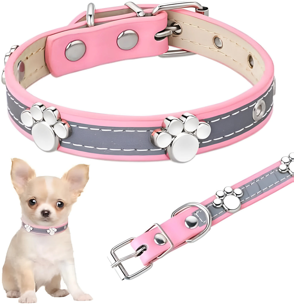 Reflective adjustable leather dog collar with metal buckle and paw rivet on a grey background.
