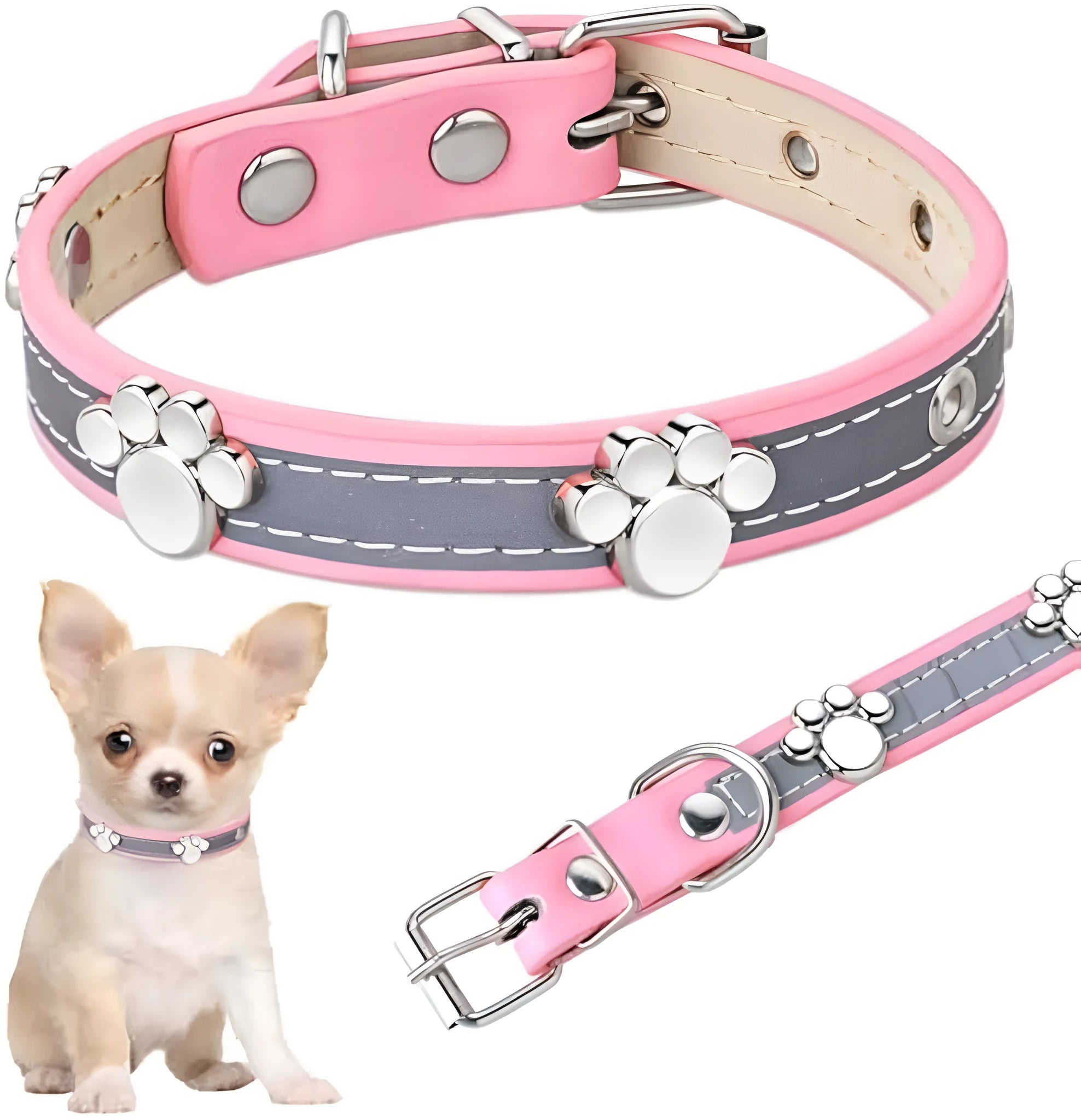 Reflective adjustable leather dog collar with metal buckle and paw rivet on a grey background.