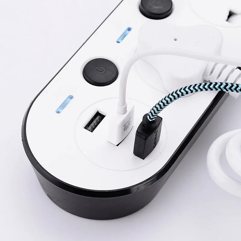 International power strip with UK, EU and US plugs, four sockets and USB charging ports