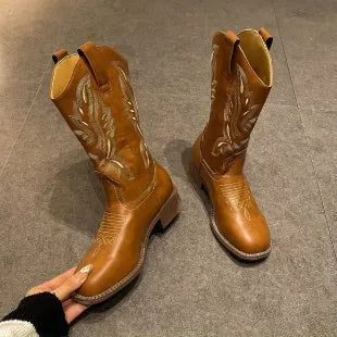 Brown women's embroidered mid-calf Martin boots with leather lining and rubber sole