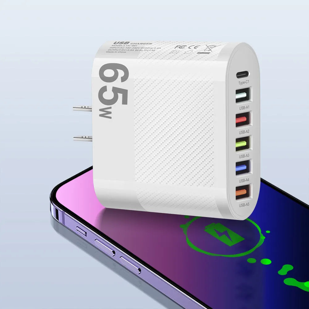 White USB charging plug showing EU, UK and US electrical outlet configurations