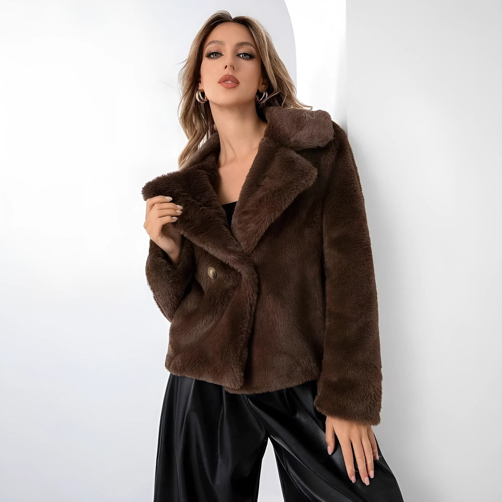 Women's short loose faux fur coat in rose red colour with regular sleeves