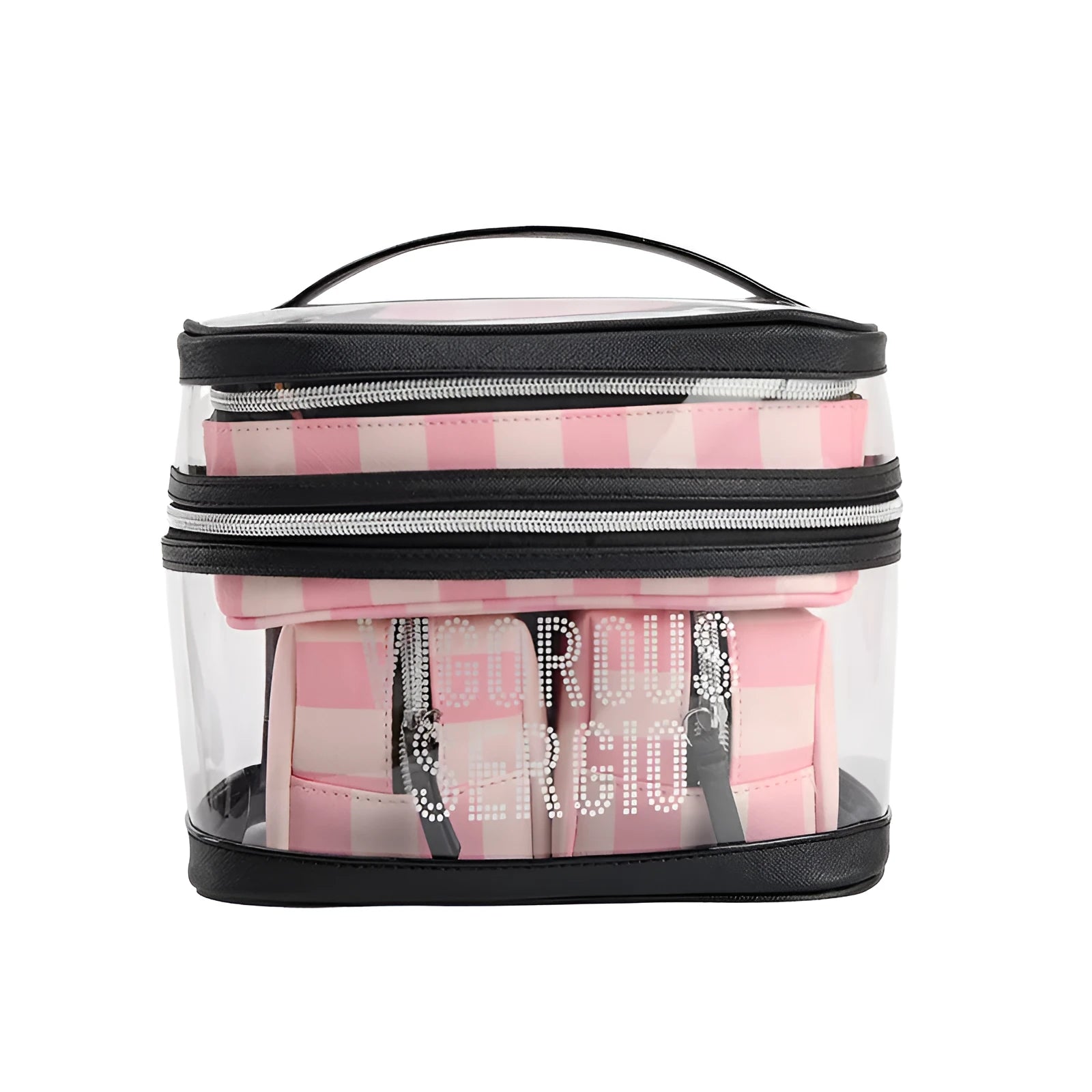Pink bold stripes floral pattern folding makeup bag with waterproof synthetic leather material