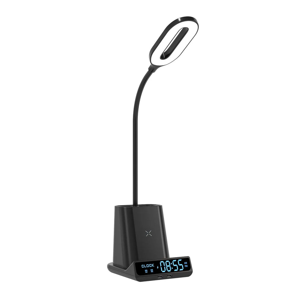 Modern wireless charging desk lamp with integrated pen holder and storage compartment.