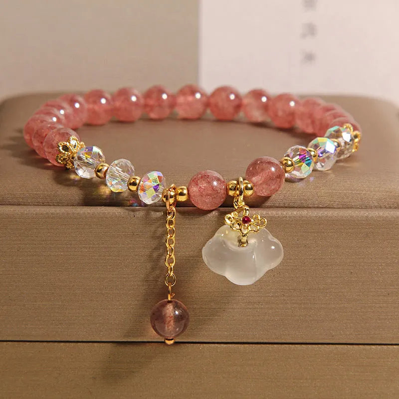 Adjustable strawberry quartz and white agate crystal bracelet with auspicious cloud charms