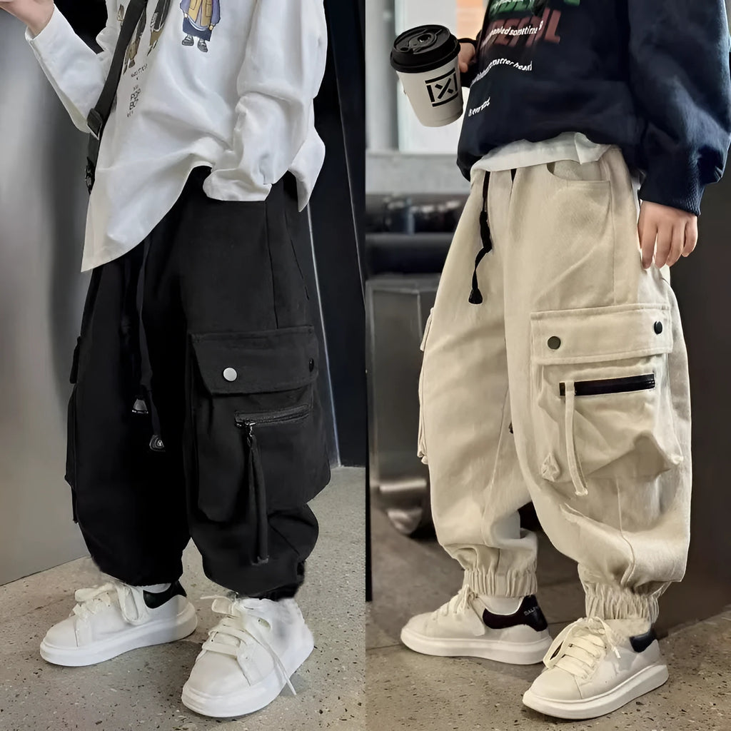 Children cotton workwear trousers mid waist beige and black spring autumn