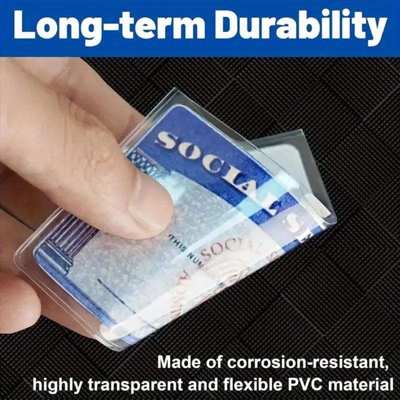 Clear PVC ID card holder showing social security card inside, measuring 9.7 by 5.9 centimetres