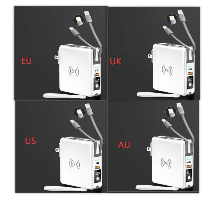 Black and white 10000mAh power bank with wireless charging, a fold-out plug, and international travel adapters.