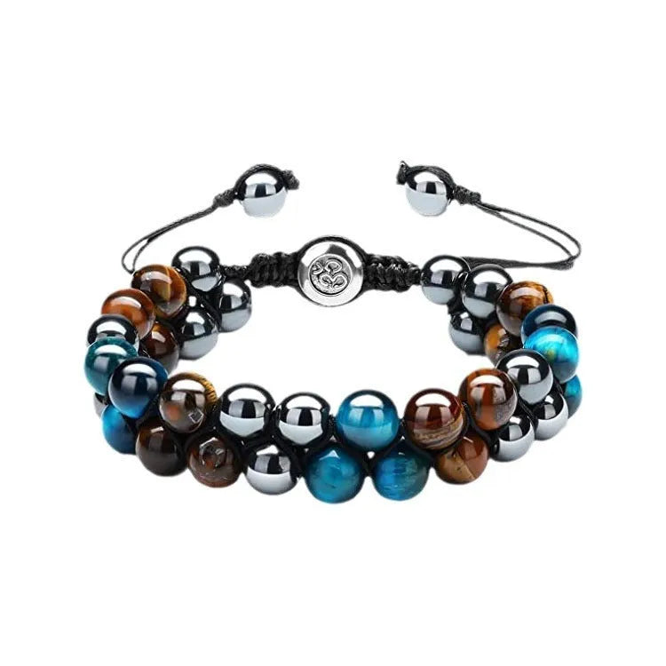 Men's double-layer woven tiger eye stone bracelet with bright magnetic clasp, blue yellow colourway