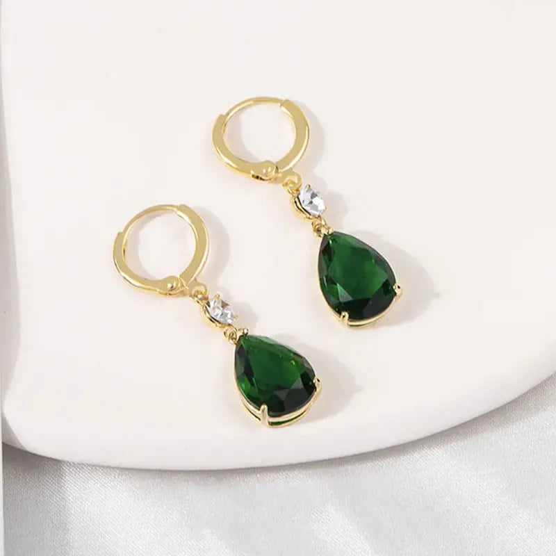 Pair of green geometric teardrop shaped alloy dangle earrings for women
