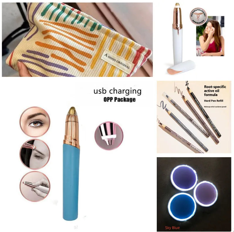 Eyebrow epilator pen with gold plated head and LED light on pink background