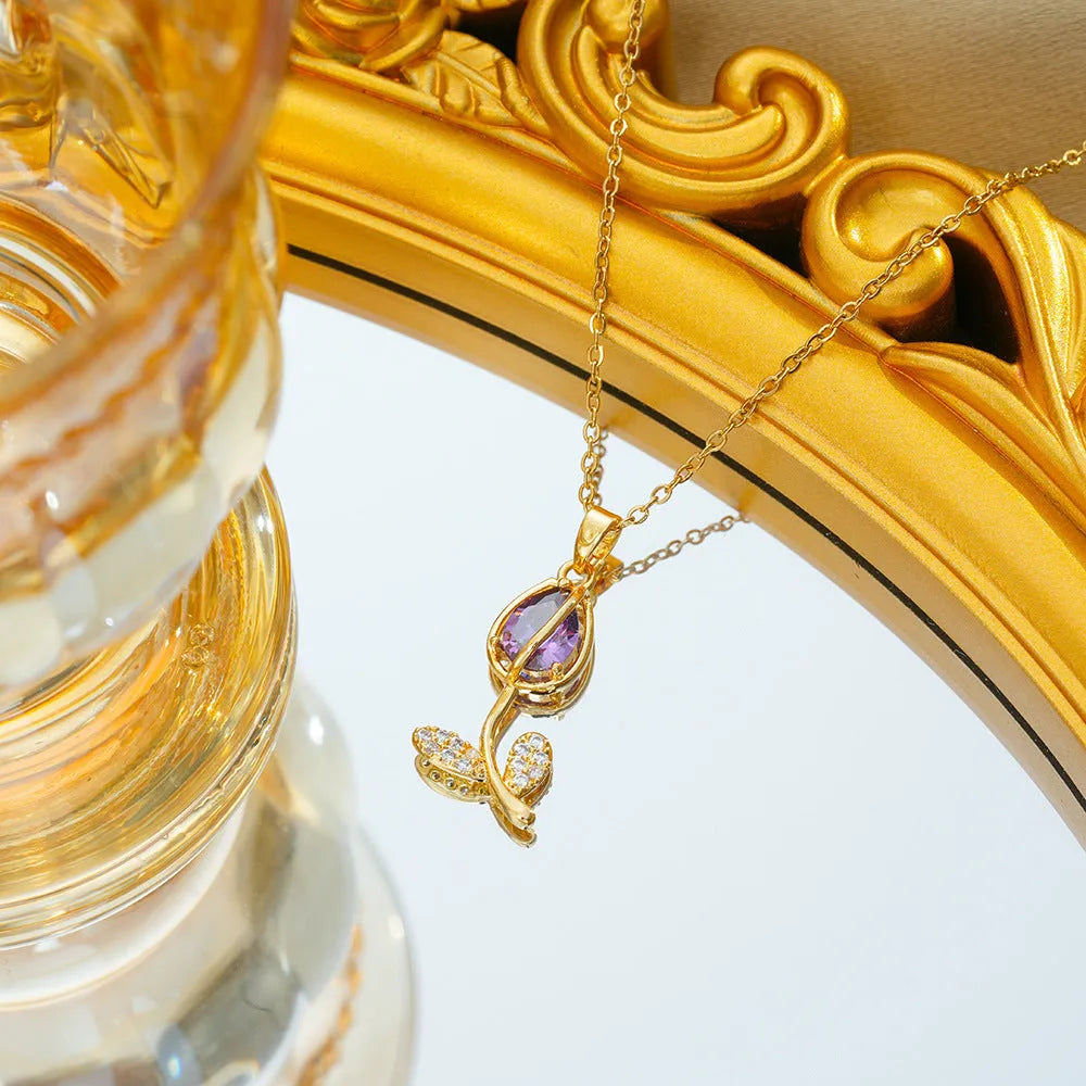Zircon tulip necklace for women with flower-shaped pendant on adjustable titanium steel chain