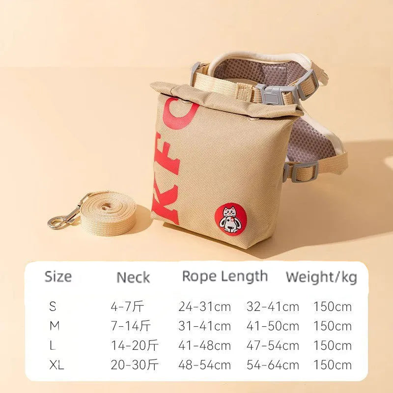 Cartoon hamburger and chips design adjustable escape-proof vest harness and leash set for dogs and cats.