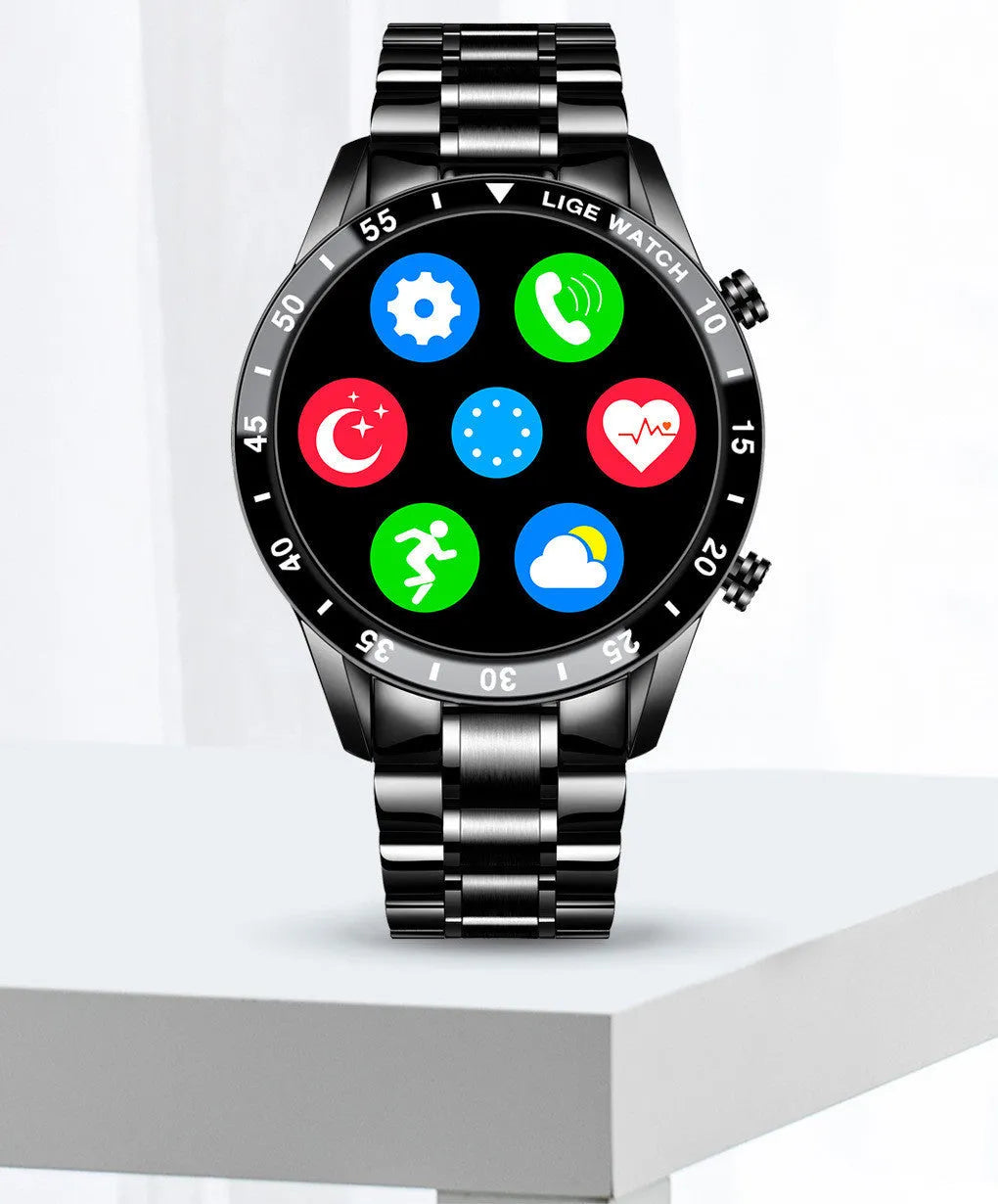 Smart watch with stainless steel wristband and 1.3 inch touch screen display showing step counter