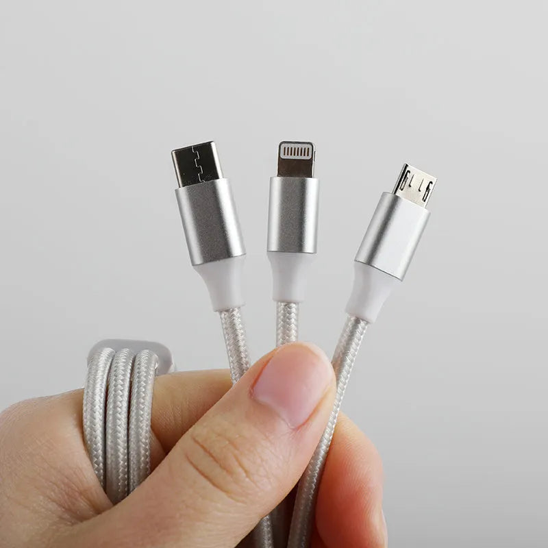 White Type-C three-in-one data cable 2 metres long with three charging heads and nylon braided outer layer