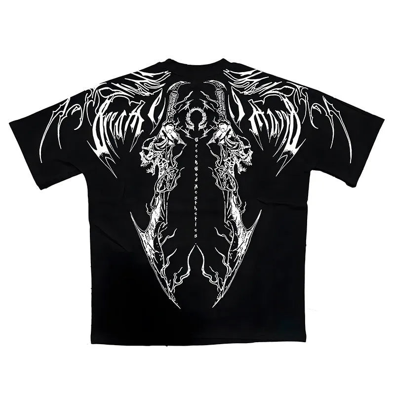 Dark style loose fit plus size cotton short sleeve t-shirt with gold foil detailing
