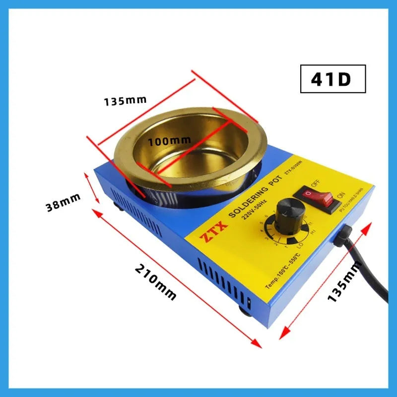 Desktop adjustable tin melting furnace with titanium-plated crucible and temperature dial.