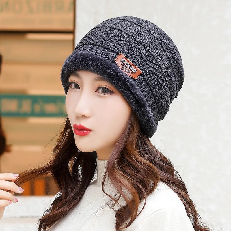 Coral Fleece Balaclava Winter Hat – wool knit dome beanie with fleece lining, unisex one size, navy blue shown