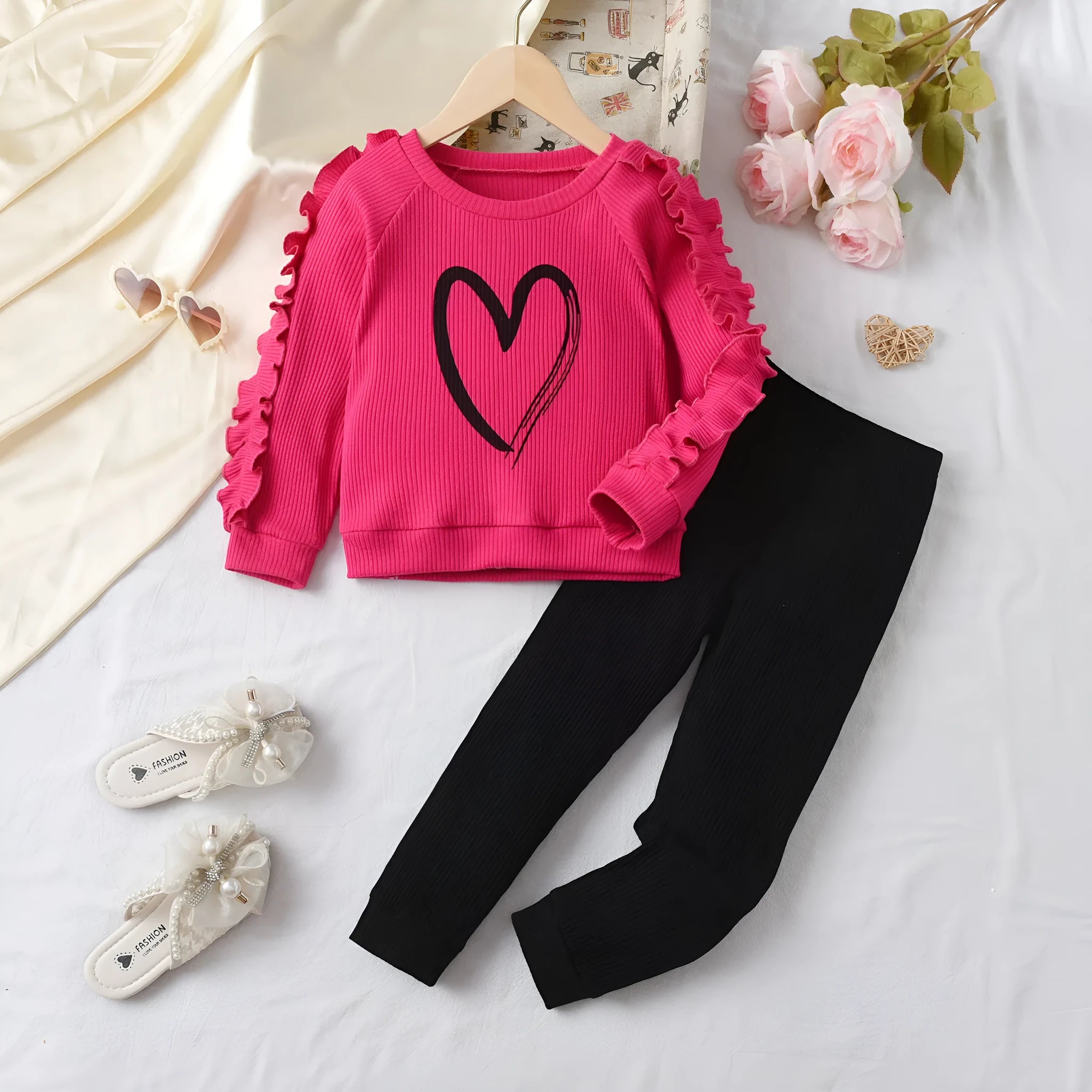 Girls rose red heart print lace long sleeve cotton sweater and trousers two-piece set on child