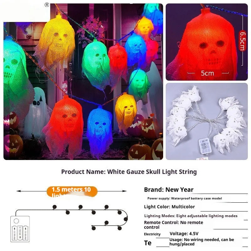 Halloween battery-powered coloured LED string lights on a plastic spool with battery box, options for 1.5m or 2.5m length.