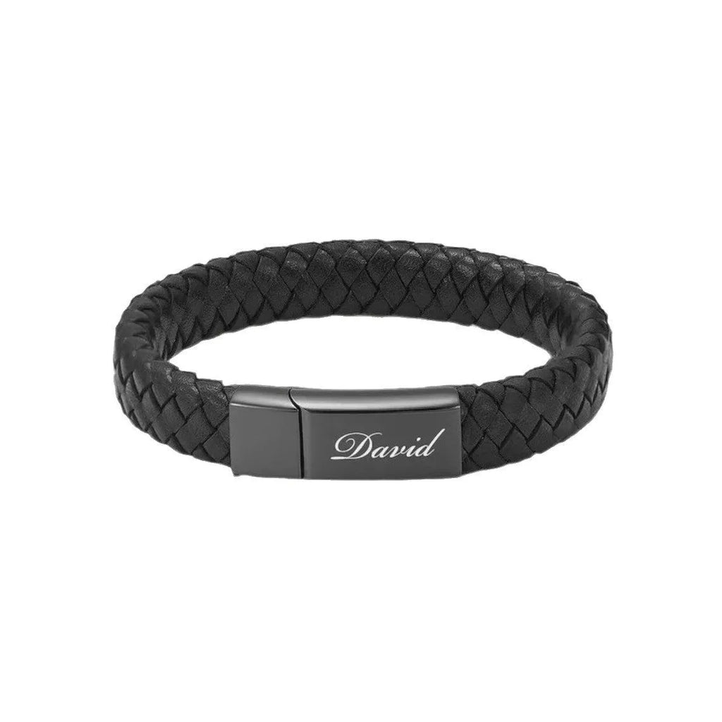 Black leather woven stainless steel casket bracelet with personalised lettering