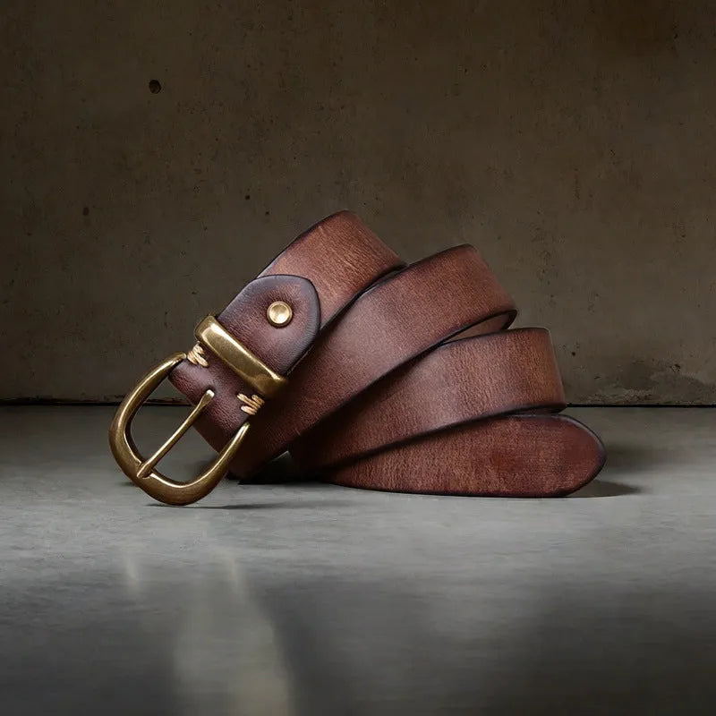 Men's leather belt with copper buckle in black, brown and khaki colours