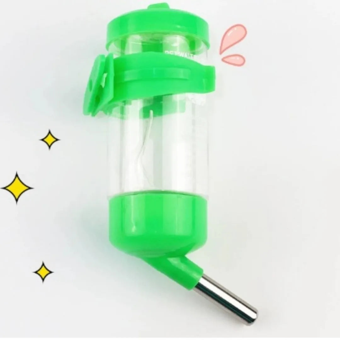 A green plastic ball kettle leak-proof water feeder for pet rodents, shown alongside yellow, pink, white, and sky blue colour options.