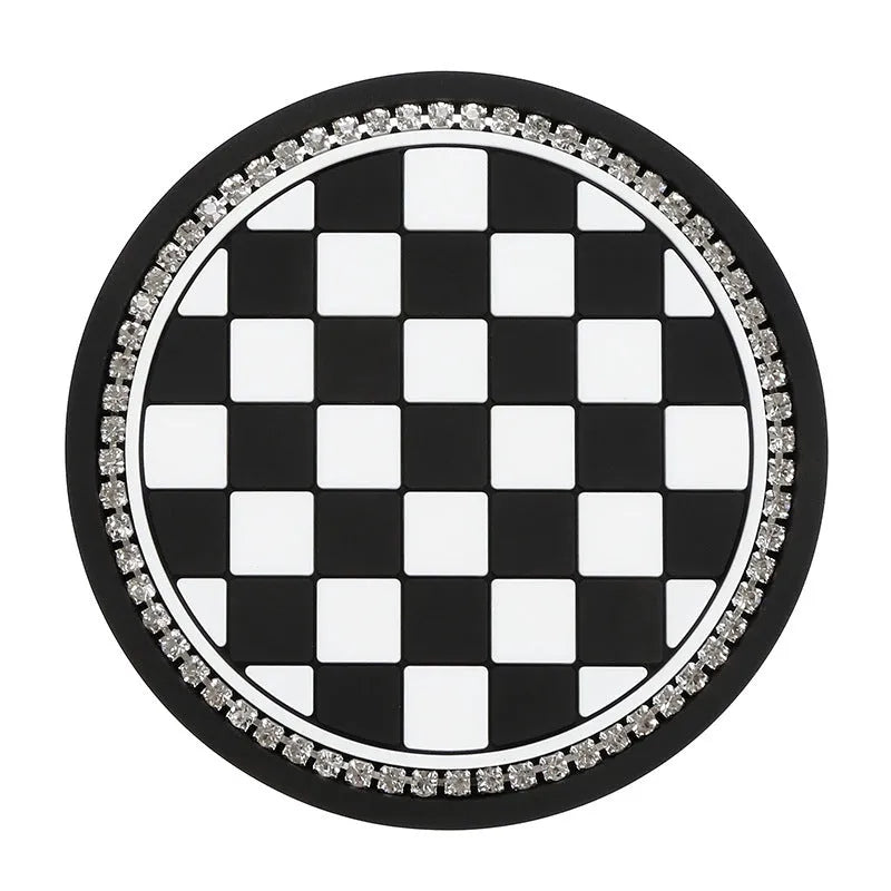 Black and white checkerboard PVC car cup mat inserted into a car door card slot.