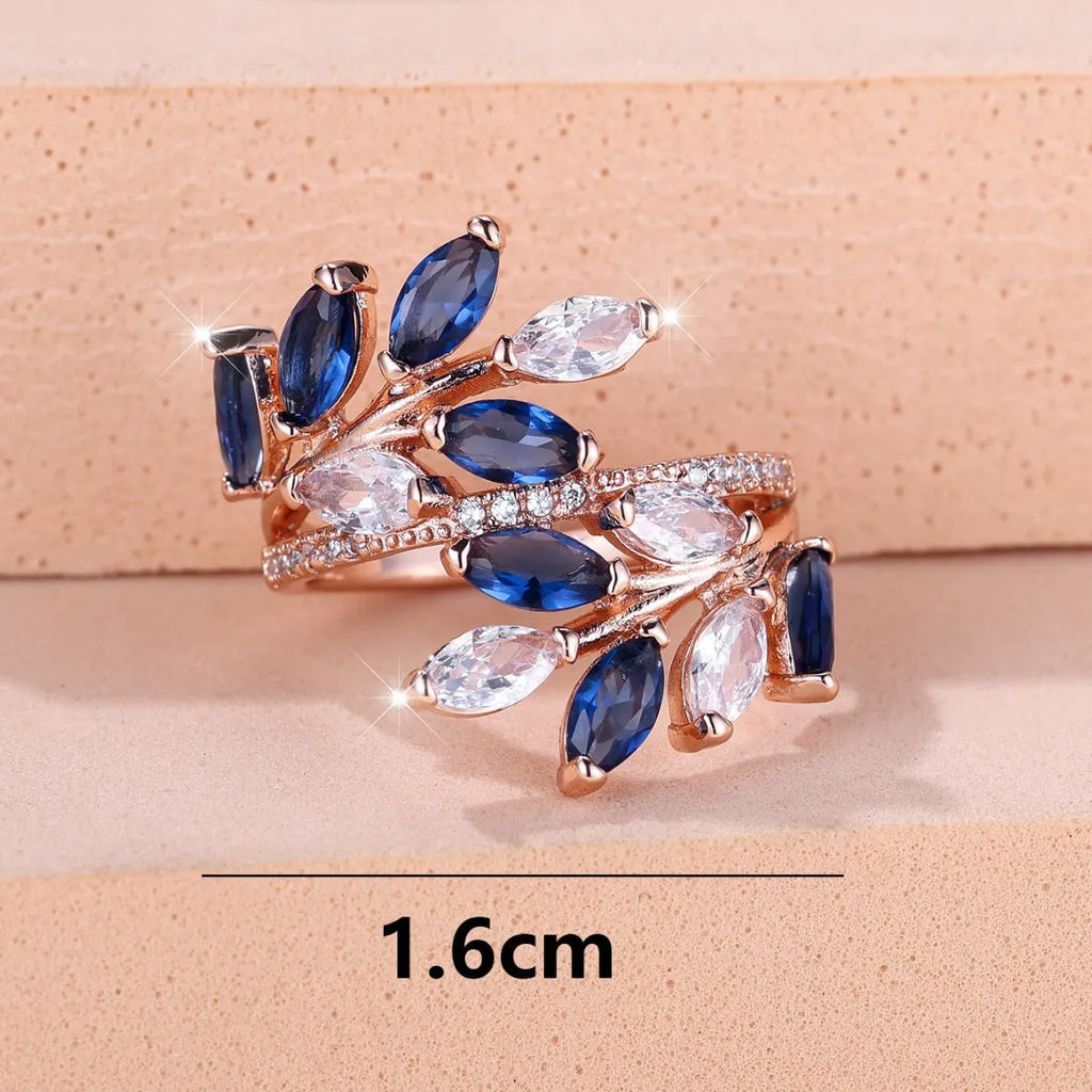 Adjustable copper leaf fashion ring with stone settings in multiple colour options