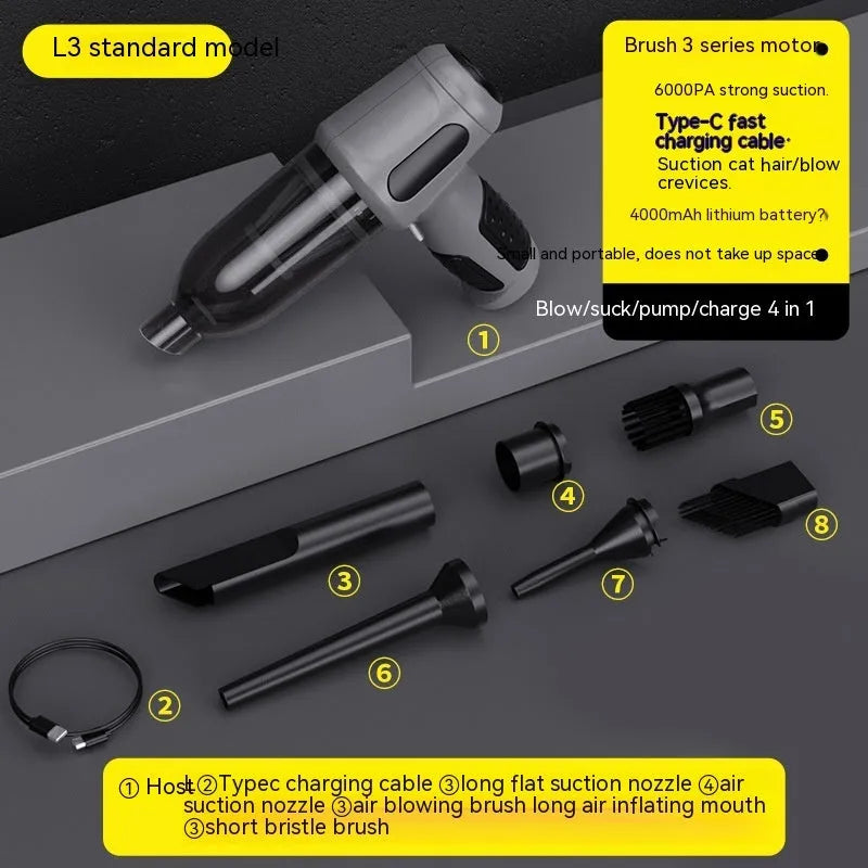 Standard Black car wireless handheld vacuum cleaner with 6KPa suction, 4000mAh battery, and Type-C port
